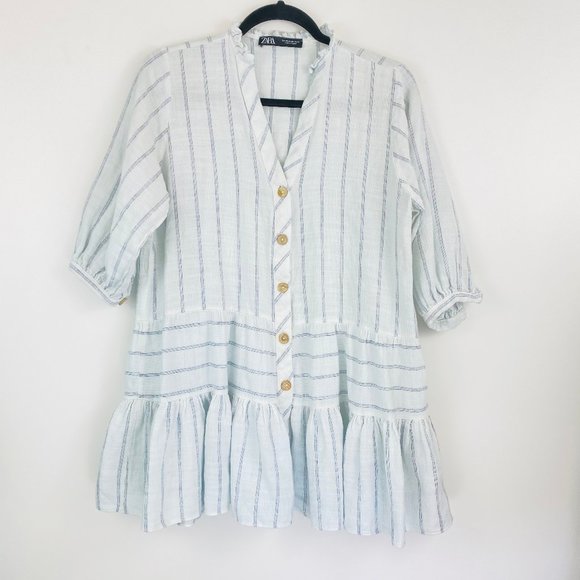Zara Dresses & Skirts - Zara Striped Ruffle Hem Button Front Dress Tunic